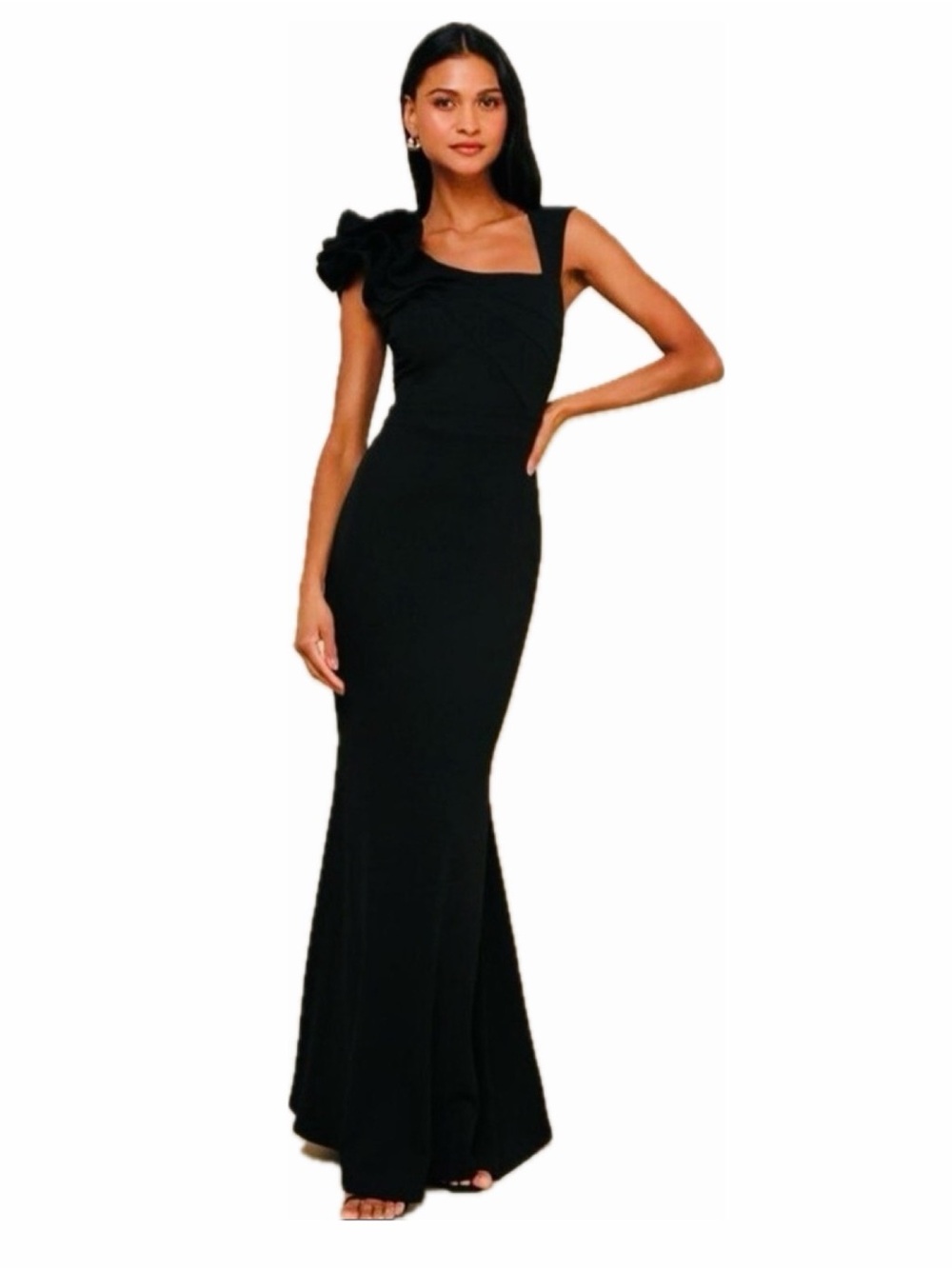 Lulu's One Shoulder Black Dress with flower embellishment. NWT’s